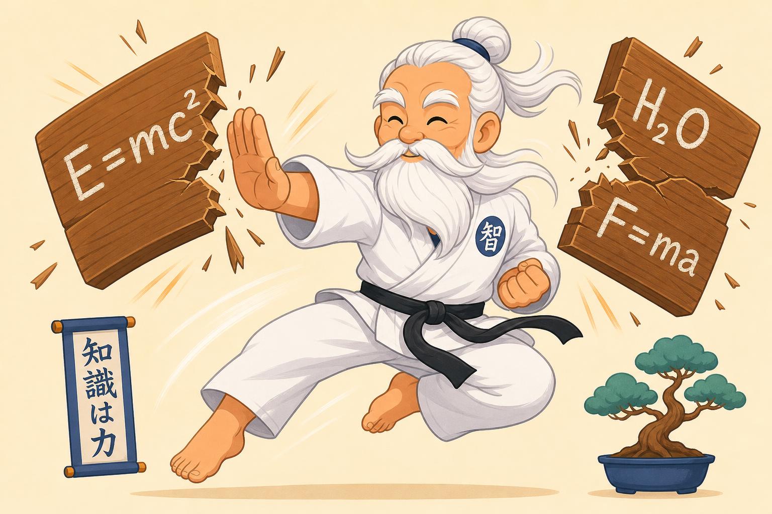Grandmaster C karate-chopping wooden boards with E=mc², H₂O, and F=ma formulas